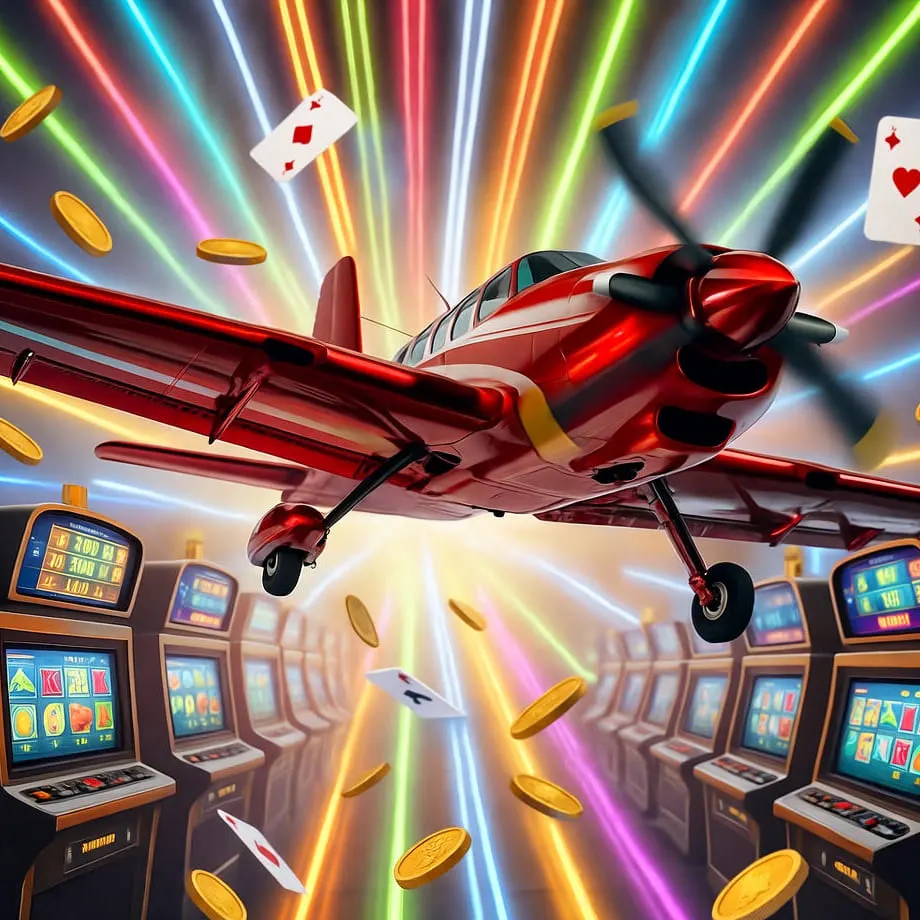 Dynamic red airplane soaring through colorful neon lights surrounded by slot machines, coins, and poker cards