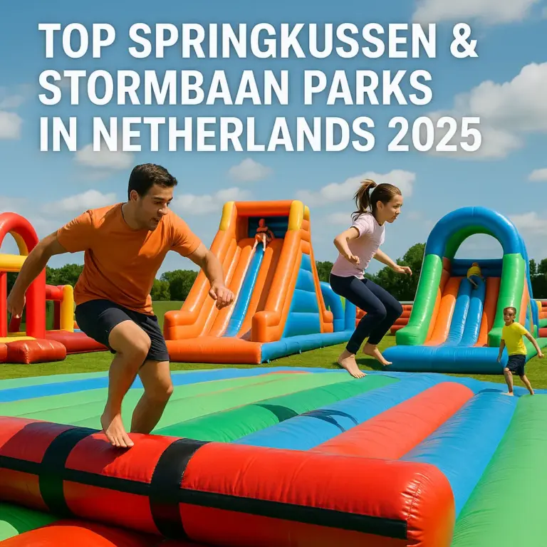 A family enjoys an outdoor inflatable stormbaan park in the Netherlands, with colorful bounce castles, obstacle runs, and slides under a sunny sky.