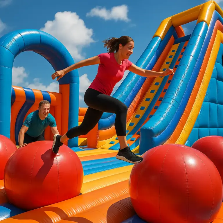 A woman jumps across giant red inflatable balls while a man follows behind on a colorful inflatable stormbaan, with slides and climbing walls under a bright blue sky.